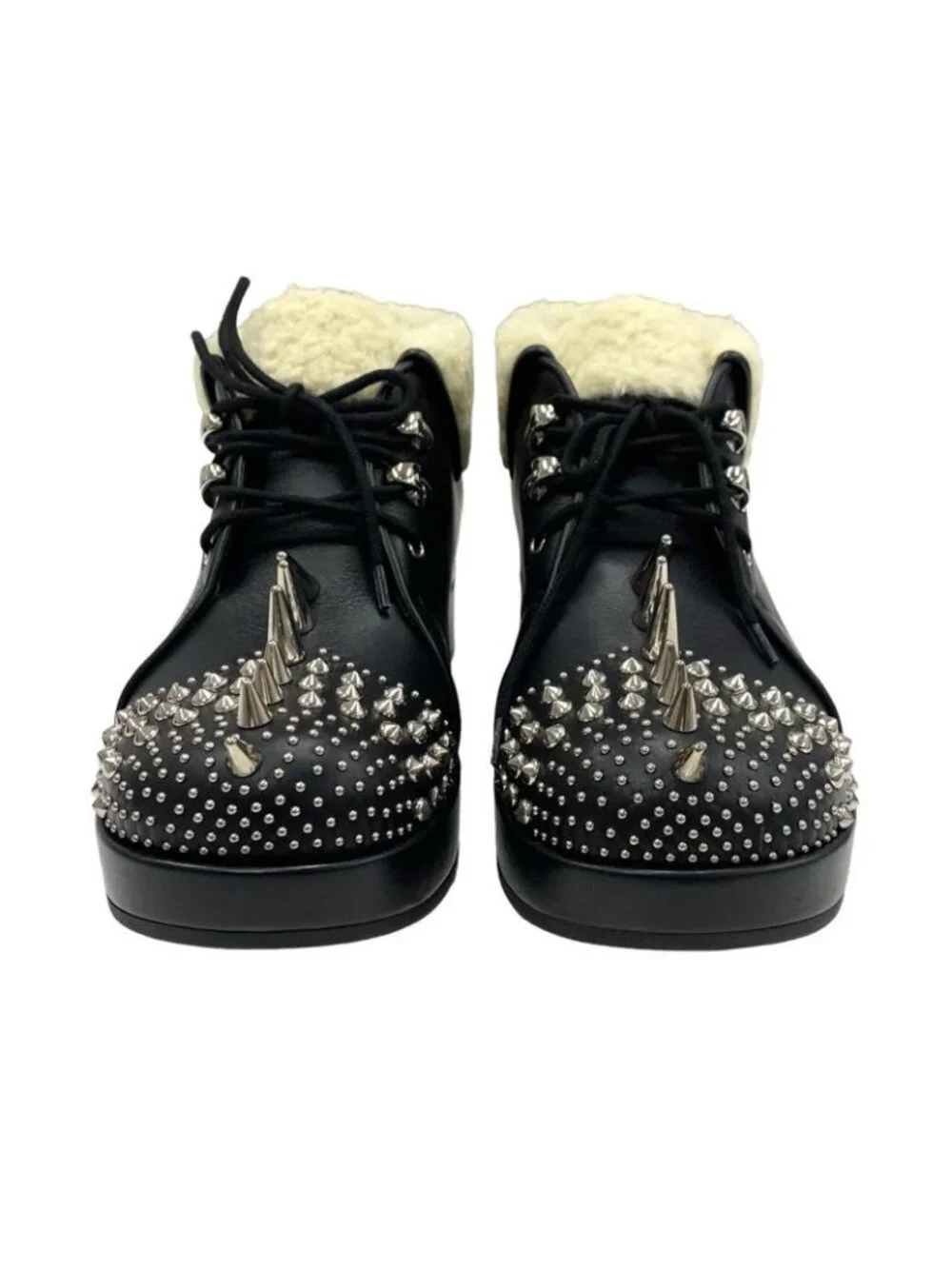 Gucci Boots Short Shoes Leather Shearling Black Studs Lace Up Boa - Picture 2 of 10